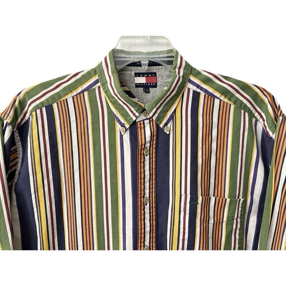 90s Vintage Tommy Hilfiger Mens Large Button Down Shirt Retro Multicolor Stripes - Picture 2 of 8